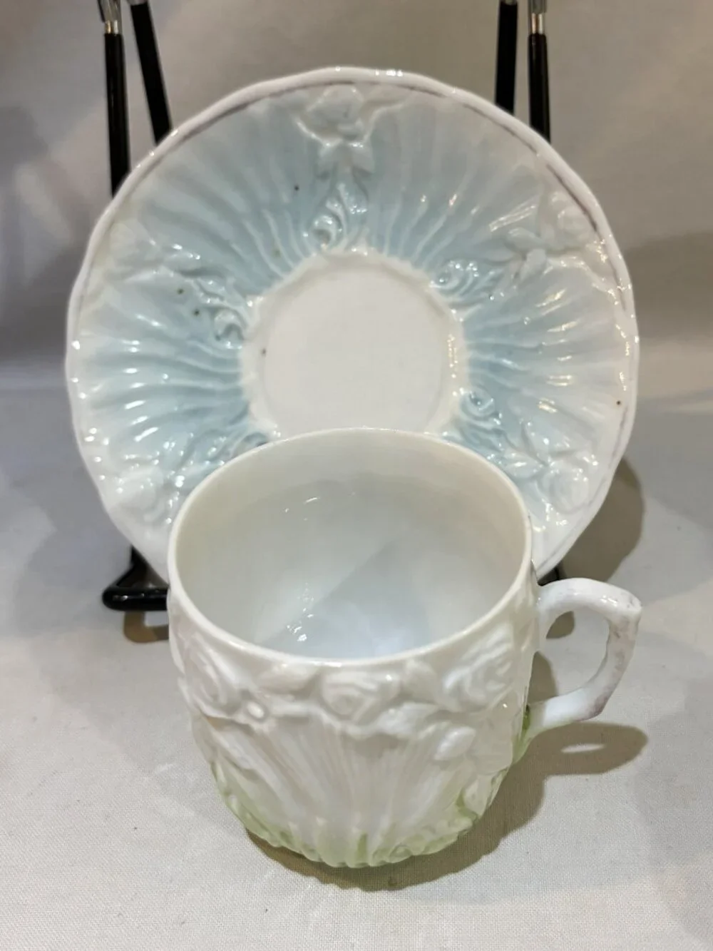 Antique Porcelain Teacup and Saucer Set Embossed Floral Aqua Blue Mint Green